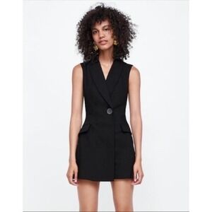 Zara Basic Black Sleeveless Mini Romper Dress Blazer Vest Lace Lined XS‎
